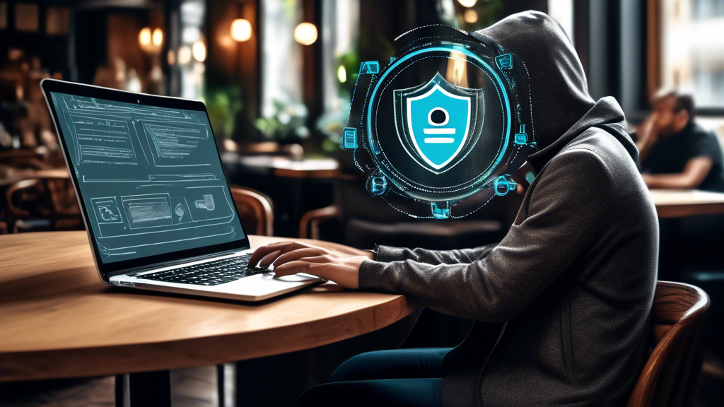 Create an image of a person using a laptop in a cafe, with graphical representations of security features surrounding them. There should be icons of a shield, a lock, and a mask to signify privacy and anonymity. Text overlaying the image includes IPVanish - Garantia de Privacidade e Anonimato and Política de Zero-Logs. The overall tone of the image should convey a sense of security and protection while maintaining user anonymity.