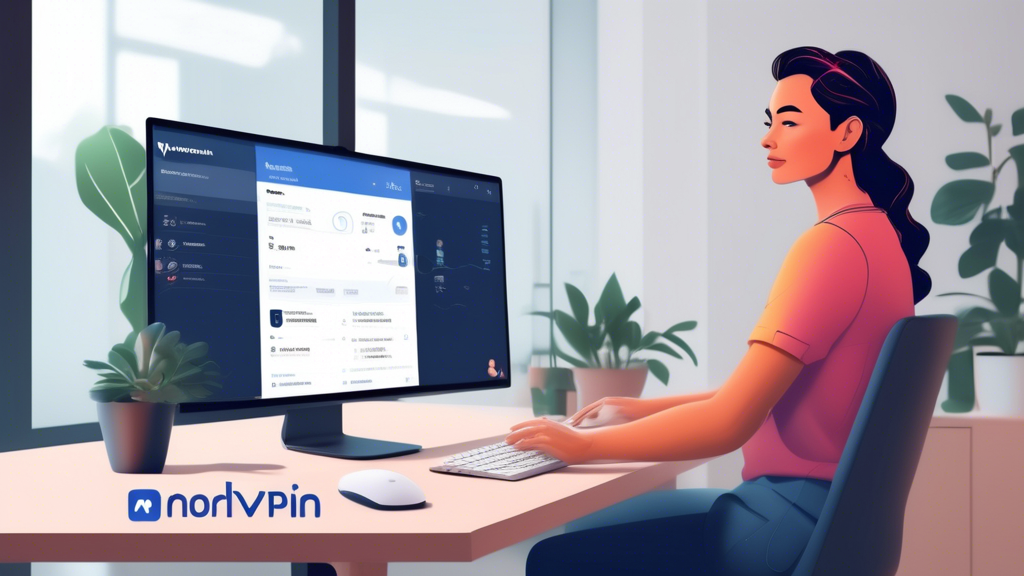 Create an image depicting a user fully engaged in exploring and maximizing their NordVPN free trial. The scene shows a person at a desk with a computer screen displaying the NordVPN interface. Highlight features on the screen such as server selection, connection status, and a dashboard of tools. Include visual cues such as popup tips for new users, a transition button to upgrade to a paid subscription, and a support chat window indicating how common issues can be resolved. The background could show elements of cybersecurity, like virtual tunnels and encrypted connections, to emphasize the secure experience. Keywords: nordvpn free trial, VPN features, user tips, upgrade prompt, support chat.