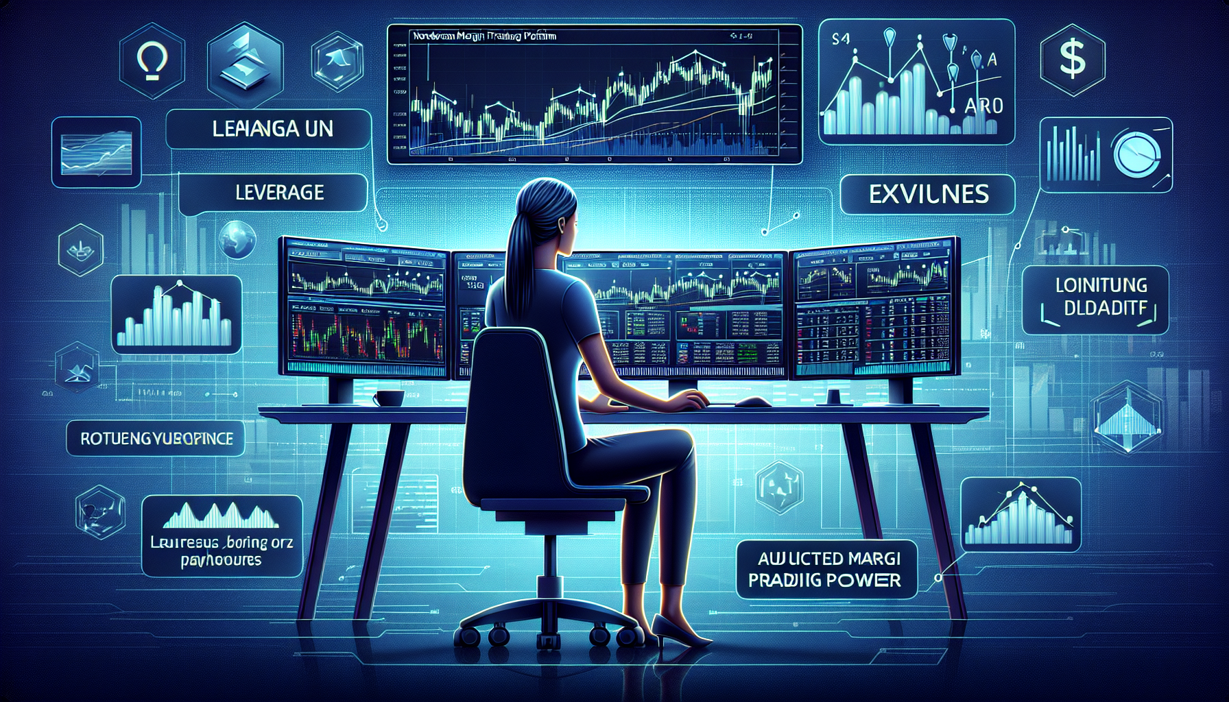 **DALL-E Prompt:**

Create an illustration showing key features and benefits of TradeStation intraday margin. The image should depict a trader at a modern workstation with multiple monitors displaying trading charts, balances, and leverage information. Highlight increased purchasing power with visual elements like expanding graphs or larger trade volumes, and incorporate elements for leverage and risk management, such as balance scales symbolizing careful balance and risk. Include icons or symbols representing cost and commission, and add a subtle comparison chart showing TradeStation