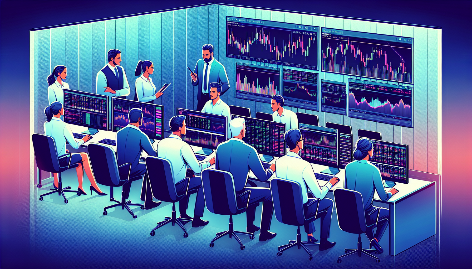 Create an image illustrating traders actively engaging in day trading at their workstations using TradeStation intraday margin. The scene should include multiple computer screens displaying real-time trading charts, showing intraday margin utilization tools, and successful trading strategies in action. Include visual elements like satisfied, focused traders, dynamic market data, and indicators of effective margin management techniques. The atmosphere should convey a professional and high-stakes trading environment, emphasizing the benefits and best practices of using TradeStation
