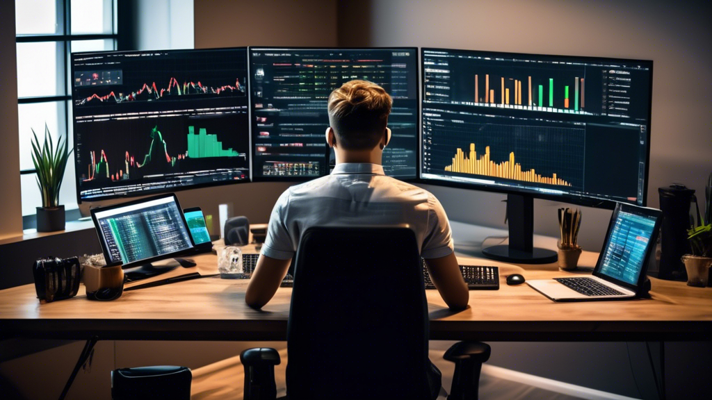 An image of a beginner crypto trader sitting at a modern desk setup with multiple computer screens showing various cryptocurrency charts and data. On one screen, a step-by-step guide on registering and verifying a cryptocurrency exchange account is displayed. Icons of different cryptocurrency wallets are visible on the desktop, while the trader holds a smartphone with a two-factor authentication app open. The scene is well-lit and bustling with technological tools, echoing the theme of 