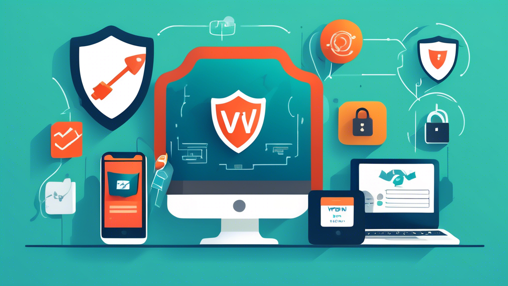 Create an illustration that visually represents the essential criteria for choosing the best free VPN. The image should include icons or symbols denoting security features like encryption and no-log policies, usability and ease of installation, data limits and speed, as well as compatibility with different devices such as computers, smartphones, and tablets. Ensure the overall aesthetic is modern and tech-savvy, with a focus on clarity and informativeness.