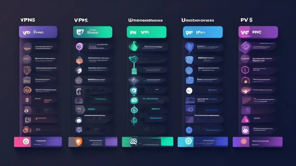 Create an image that features a visually striking comparison chart showcasing the Top 5 Best Free VPNs to Try in 2023. The chart should have columns for each VPN service, highlighting unique features, pros and cons, user testimonials, and expert recommendations. Also, include icons or symbols representing different scenarios such as streaming, torrenting, and browsing, to visually differentiate their performance in these categories. The design should be modern, professional, and easy to read, using a color scheme that evokes trust and security. Text should be minimal and data-focused, optimized for clarity.