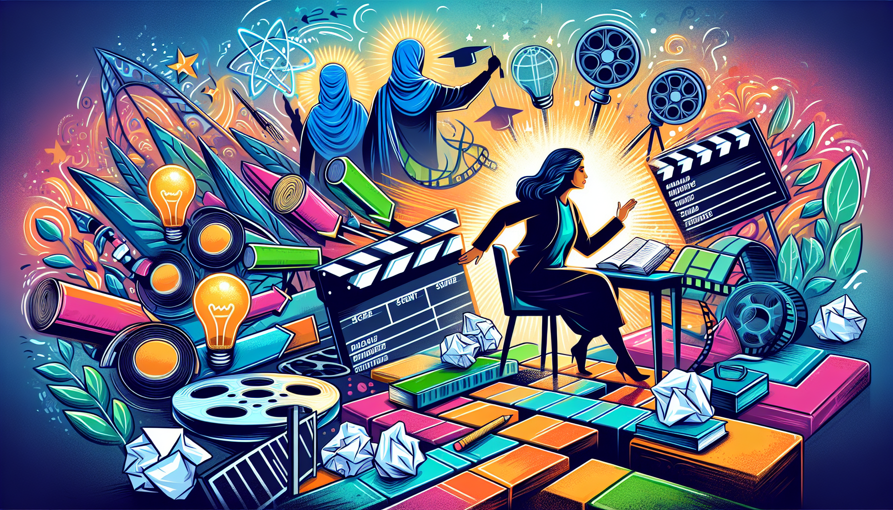 Create an image that illustrates the journey of a screenwriter overcoming obstacles in their career. Depict a dynamic path filled with symbolic challenges like roadblocks, rejections, and intense brainstorming sessions. Along this path, include uplifting elements like mentorship, lightbulb moments of inspiration, and celebratory milestones. In the background, incorporate subtle nods to movie magic with iconic film symbols like reels, scripts, and clapperboards, blending seamlessly with an encouraging and triumphant atmosphere.