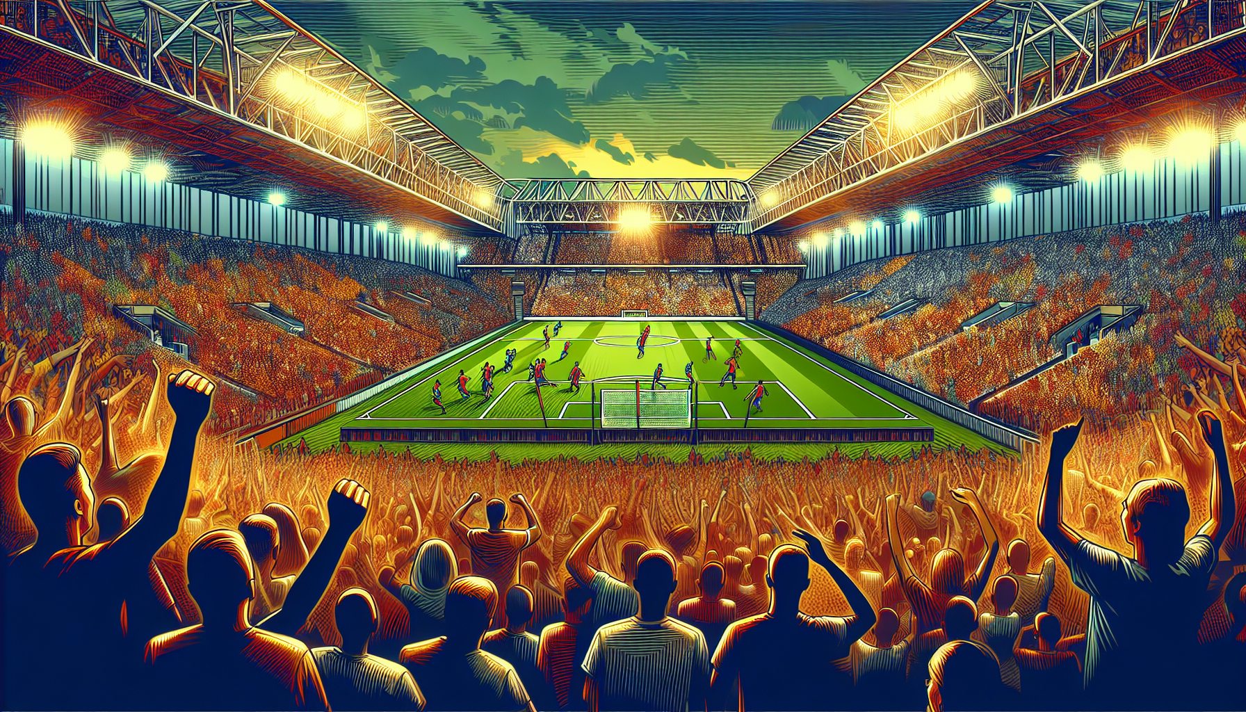 Create an image showcasing a vibrant football stadium packed with enthusiastic fans, capturing their diverse emotions and reactions during the game. Highlight key moments of the match, such as a thrilling goal being scored, with fans jumping and cheering, and contrasting scenes of tension and anticipation as the game unfolds. Include dynamic lighting to emphasize the electric atmosphere.