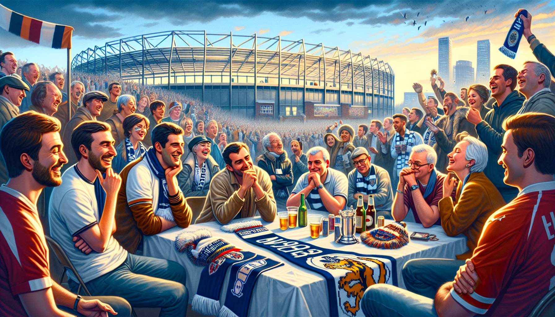 Create an image capturing the long-lasting impact of an unforgettable football match, focusing on fans reflecting after the game. The scene should include a group of diverse supporters reminiscing with joyful expressions, surrounded by memorabilia like scarves and banners. The backdrop could feature a softly illuminated stadium, now quiet, with an urban landscape that shows the community