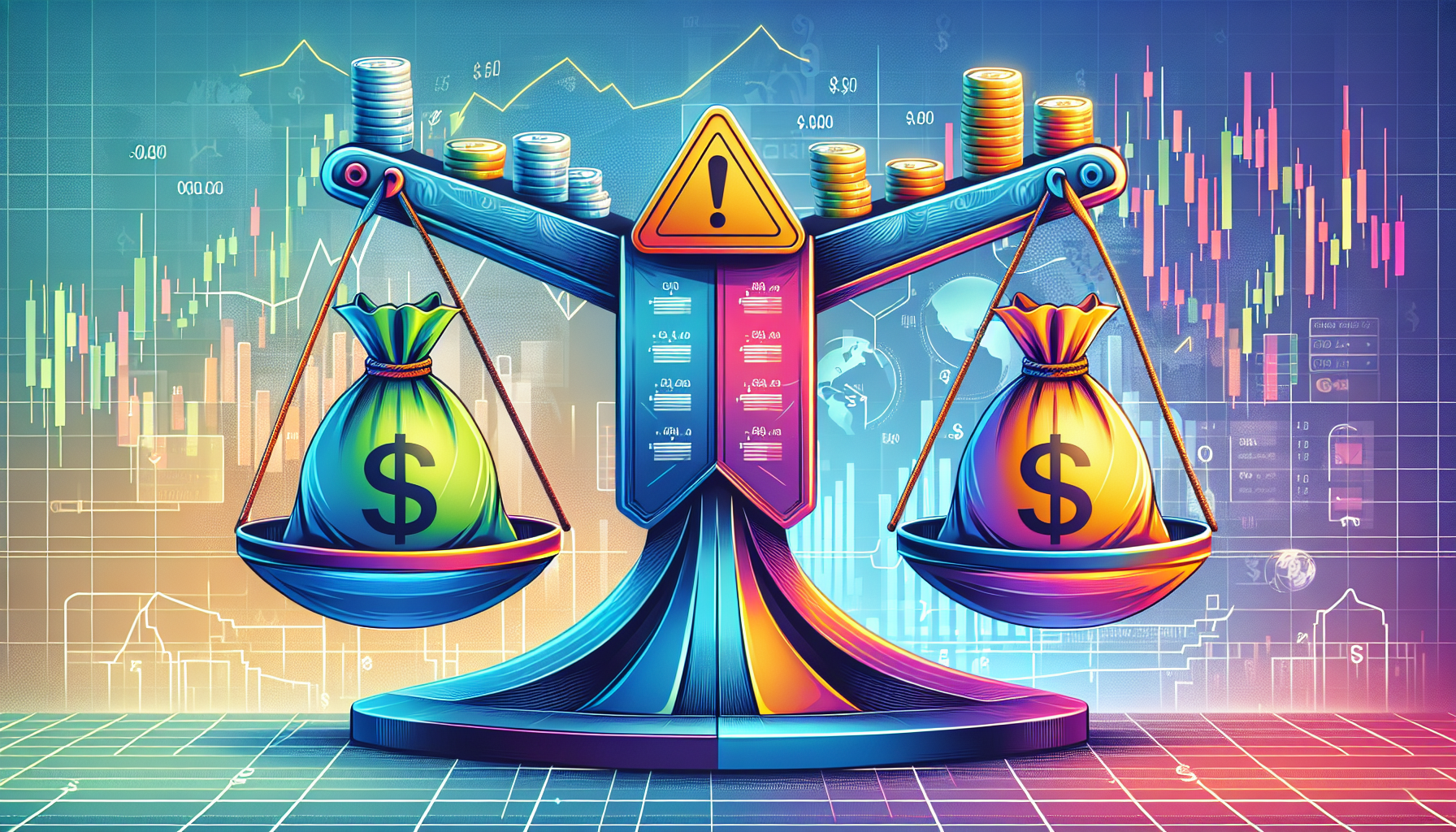 Create an image showing a seesaw balance with money bags and a warning sign, depicting the balance of benefits and risks associated with using Fidelity Margin for investing. The background should include stocks and charts to emphasize the trading environment.