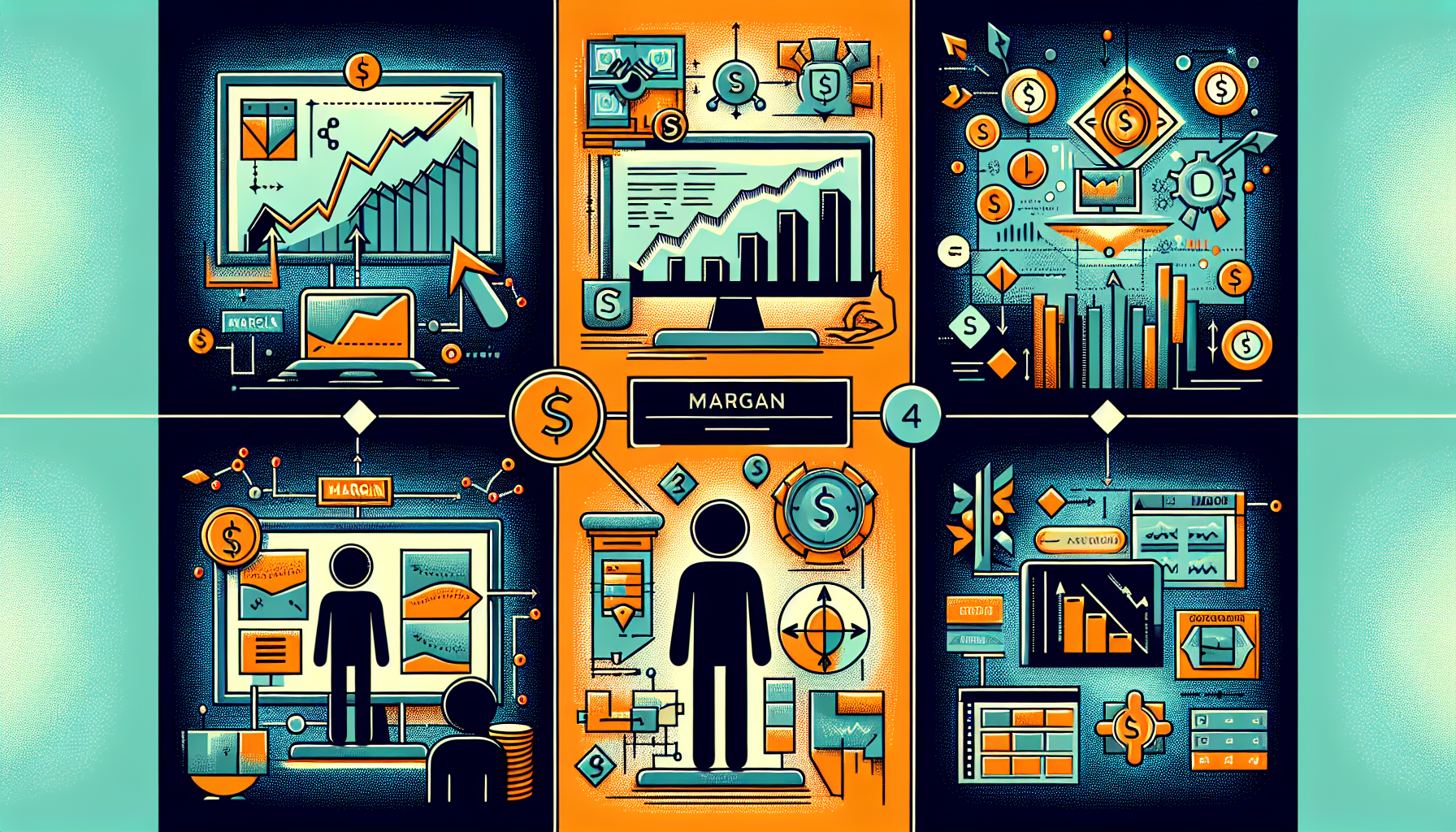 Create a detailed and informative illustration depicting a step-by-step guide to using Fidelity Margin. Show a sequence that includes 1) opening a margin account with Fidelity, 2) placing a margin trade, 3) monitoring and managing margin positions, and 4) highlighting key resources and tools provided by Fidelity for margin investors. Make it visually engaging with clear labels and an intuitive layout that helps users understand the process.