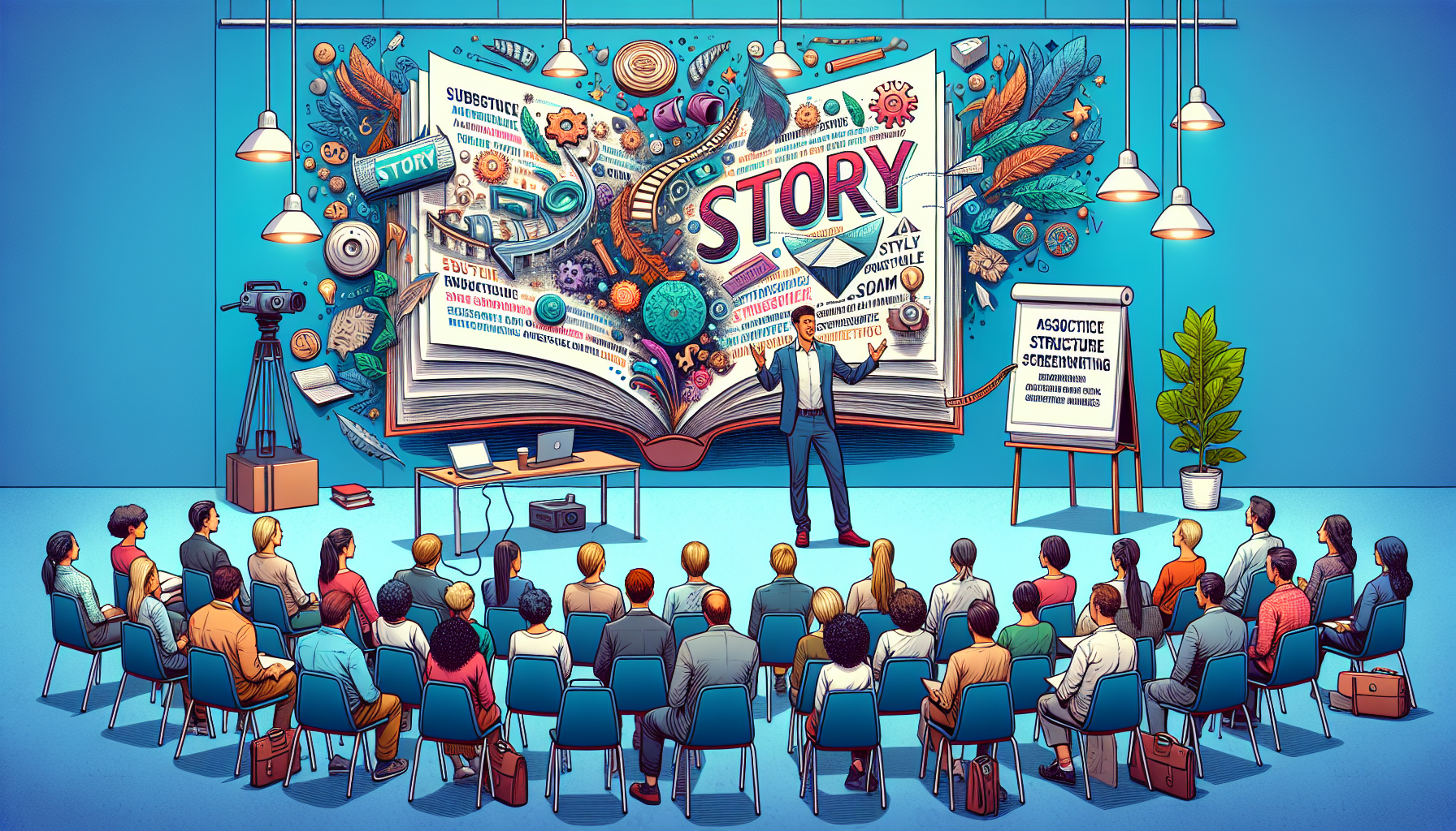 A vibrant seminar setting where Robert McKee passionately discusses key storytelling techniques with an engaged audience. The backdrop showcases an open book titled 