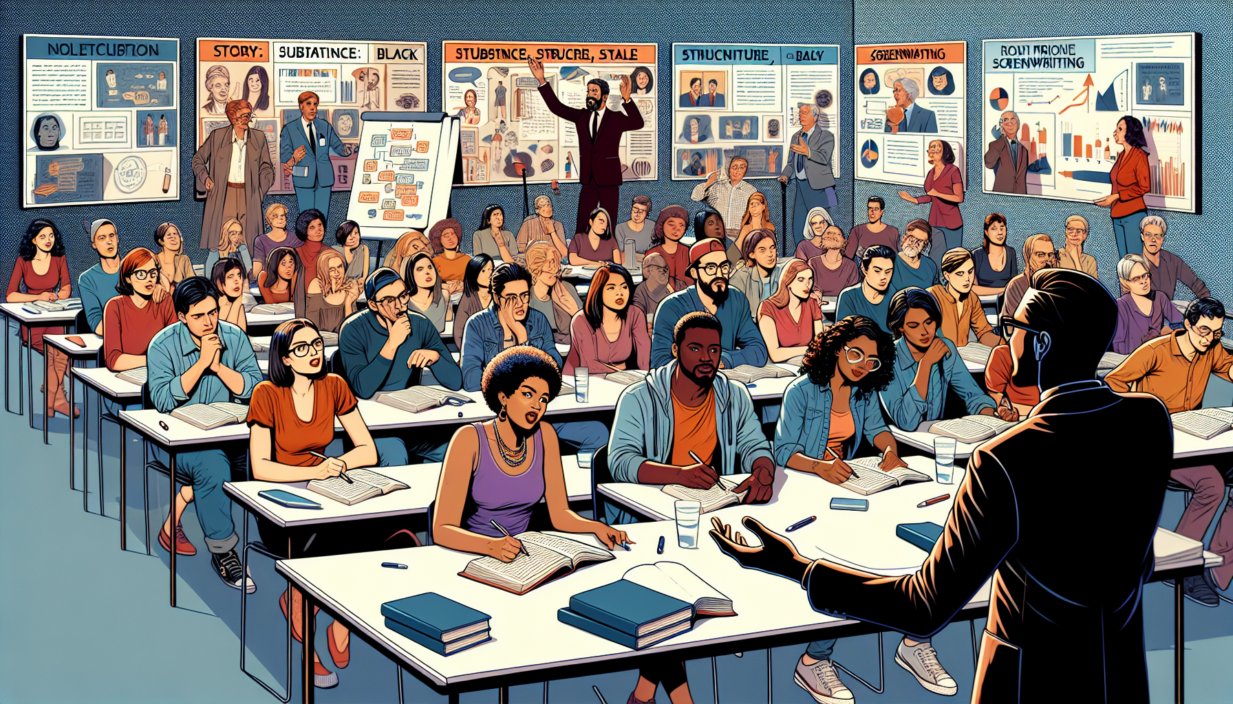 Prompt for DALL-E: A group of writers intently listening and taking notes during a Robert McKee seminar on storytelling, with Robert McKee passionately speaking on stage. Surrounding them are large visual boards showcasing McKee