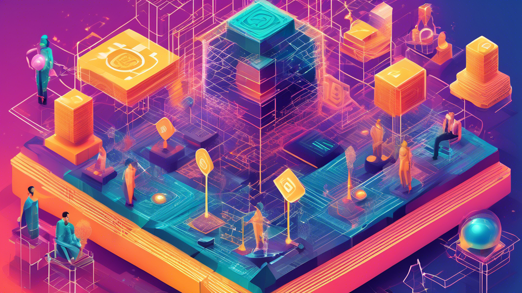 Prompt for DALL-E: An intricate digital illustration showcasing the current trends and innovations in the crypto market. The image features key elements like DeFi platforms, NFTs represented as digital art pieces, and blockchain technology symbolized by interlocking chains of data blocks. Prominent figures in the crypto space and institutional investors are depicted as influential, looming over the landscape, while regulatory symbols like gavel and balance scales hover, indicating their impact. The backdrop is a futuristic cityscape with glowing, interconnected networks representing the dynamic and evolving nature of the modern crypto market.