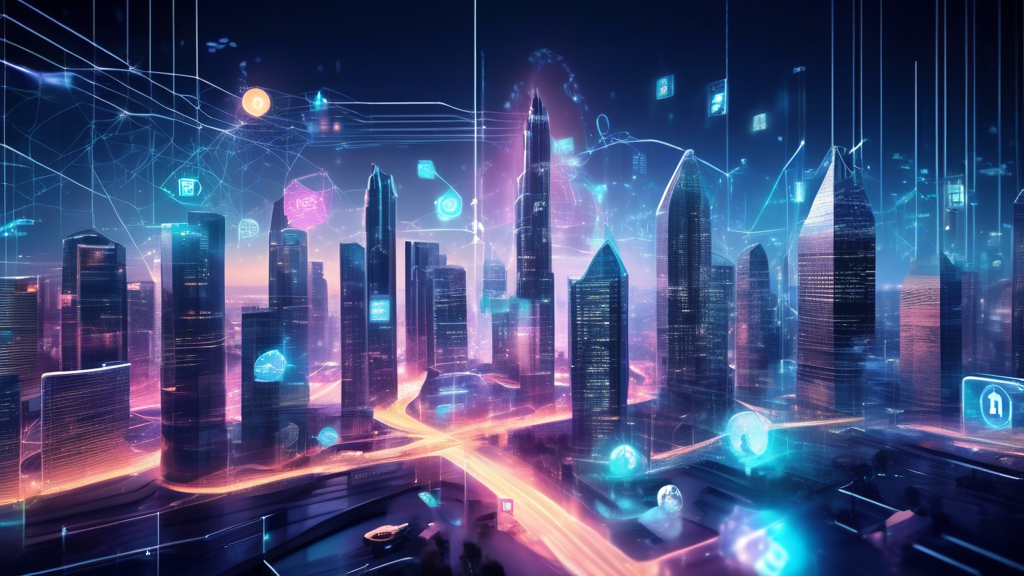 Create an image that visualizes the future of the crypto market, featuring futuristic cityscapes with digital currencies seamlessly integrated into everyday life. Include elements such as advanced blockchain technologies, holographic financial charts, and expert analysts forecasting on virtual screens. The scene should evoke a sense of innovation and progress, illustrating the potential societal and economic impacts of a crypto-centric world.