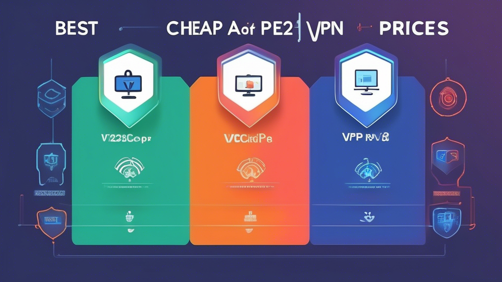 Create an image showing a comparison chart of the best cheap VPNs of 2023, including their prices, key features, and security protocols. The background should be a mix of digital elements like padlocks, shields, and networking symbols to emphasize online security. Please ensure each VPN is represented with a logo or a distinct icon to highlight the different options.