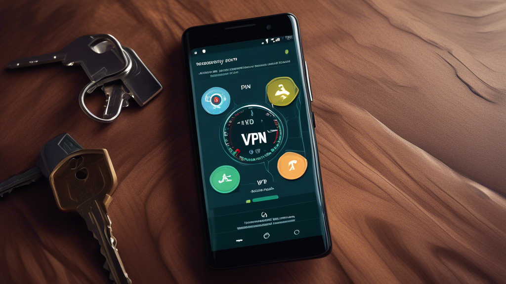 Create an image featuring an Android phone displaying a VPN app interface. The screen should highlight various key features like security protocols, encryption standards, and a map indicating multiple server locations. Surround the phone with visual elements representing speed (like speedometer icons) and user-friendly UI elements such as easy-to-navigate menus and settings. The background should subtly integrate a padlock and shield icons to emphasize security. Make sure the overall design is modern and sleek, aligning with tech aesthetics.