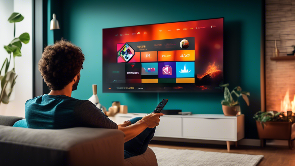 A vibrant and modern image of a living room where a person is comfortably sitting on a couch while using a Firestick with a well-configured VPN interface displayed on the TV screen. The background features subtle elements indicating optimal performance and speed, like a network speed indicator showing high performance and small user interface icons for security settings. There should also be a checklist on a side table, listing tips for server selection, security settings, and common troubleshooting solutions, signifying the best practices being followed. The scene should be cozy and tech-savvy, emphasizing seamless and secure streaming.