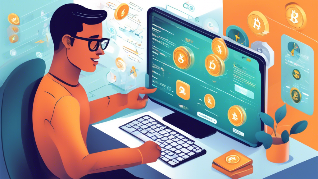 DALL-E prompt: An illustrated step-by-step guide showing a beginner using a crypto exchange. The image should feature a person creating and verifying their account on a computer, funding their account using various deposit methods and digital wallets, and executing trades by buying, selling, and managing crypto assets. The background should include icons representing different cryptocurrencies and a secure, user-friendly interface on the computer screen.