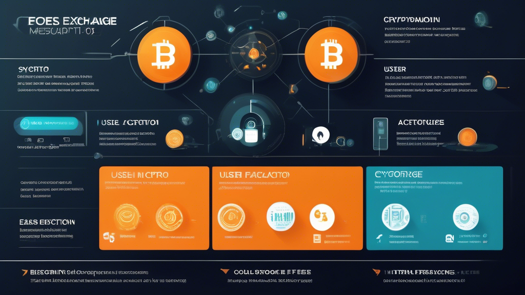 An infographic showing the essential features to look for in a crypto exchange. The graphic includes icons and text for Security Measures like two-factor authentication and cold storage, User Interface and Experience highlighting ease of use and a sleek design, and Fees and Costs with a breakdown of different types of fees. The backdrop is a clean, modern digital interface representing a futuristic crypto exchange, with Bitcoin and Ethereum icons subtly integrated into the design.