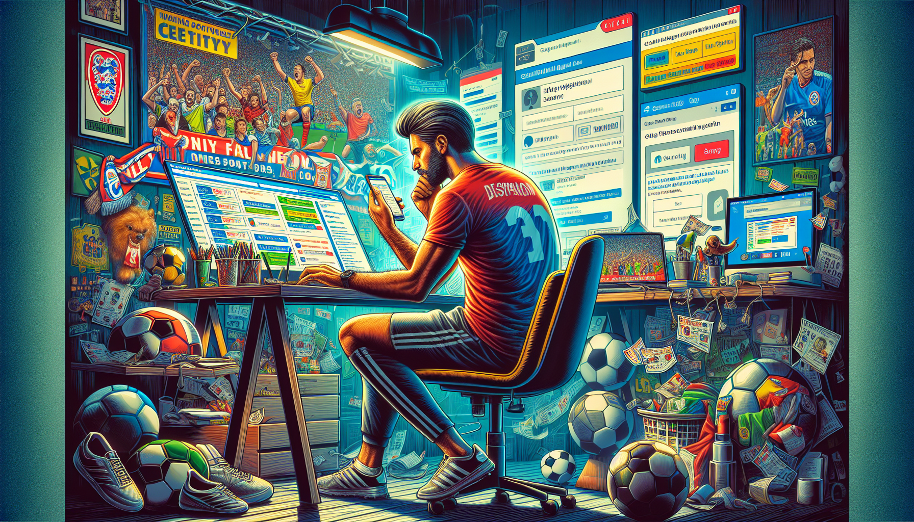 Create an illustration showing a soccer fan seated at a computer and using a smartphone, signing up for newsletters and fan clubs. The background should show a desktop filled with football memorabilia and posters of popular football matches. Include notifications on the screens indicating alerts for early ticket sales and promotions. The overall scene should convey excitement and anticipation for getting tickets to popular football games.