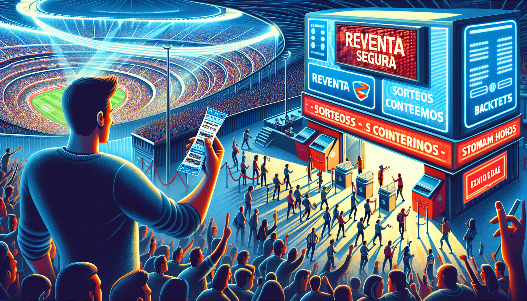 Create an image of a vibrant football stadium with excited fans. In the foreground, a person is holding a ticket with a confident smile, symbolizing successful purchase. On one side, show a well-lit booth or kiosk labeled Reventa Segura with happy customers. On the other side, depict a festive backdrop with a Sorteos y Concursos banner and participants eagerly holding their tickets. In the background, include a digital screen displaying Última Hora with a small queue forming at the stadium