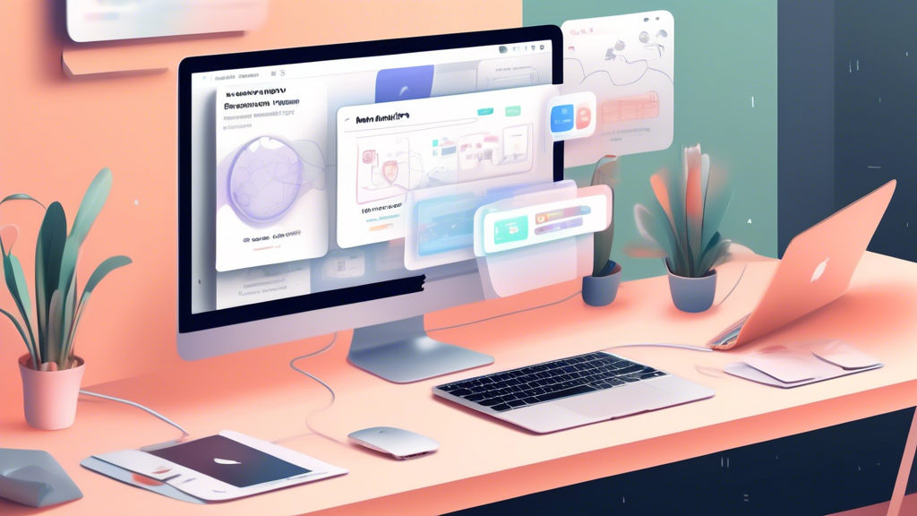 A detailed digital illustration showing a MacBook screen displaying the installation process of a free VPN app. The surrounding area features hands-on steps with clear labels pointing to various parts of the screen, highlighting different stages of the process such as downloading the app, initial setup, and configuring settings. A modern, well-organized desk setup in the background ensures a clean and professional atmosphere, while icons for security tips and settings draw attention to maintaining privacy and performance. Overall, the image should be user-friendly and instructive for individuals looking to install a free VPN on their Mac.