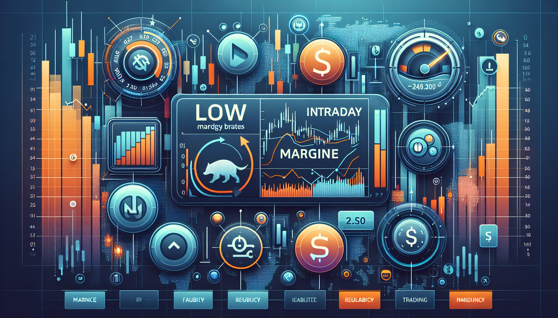 Create an image showcasing a dynamic comparison chart of leading futures brokers, each represented by a sleek icon or logo, with clearly marked low intraday margin rates. The chart should include key features and benefits such as Competitive Rates, Reliability, and Regulatory Compliance. In the background, integrate subtle visuals of stock market graphs and financial icons to emphasize the context of futures trading. The overall design should be professional and modern, suitable for financial and trading audiences.