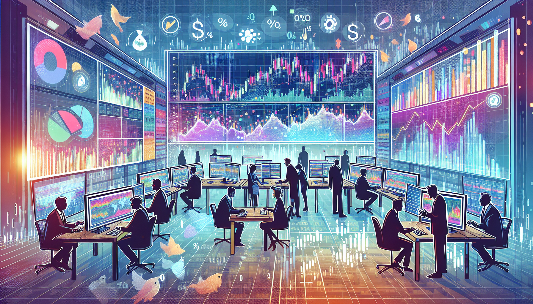 Create an image depicting a vibrant trading desk with multiple computer screens displaying financial charts and futures trading platforms. In the background, show traders actively engaged in discussions, sharing strategies and tips. Overlay the scene with subtle visual cues like graphs and percentage symbols to emphasize risk management and successful trading outcomes. Include elements that highlight the importance of maximizing trading potential and learning from success stories in the futures market.
