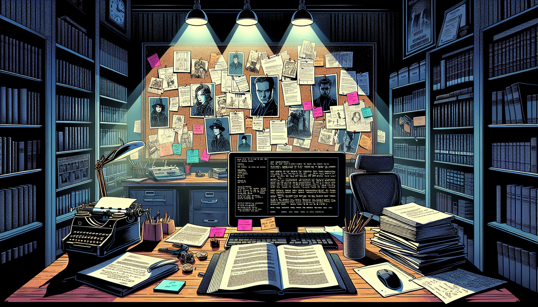 Create an intricate and atmospheric scene of a sophisticated screenwriter