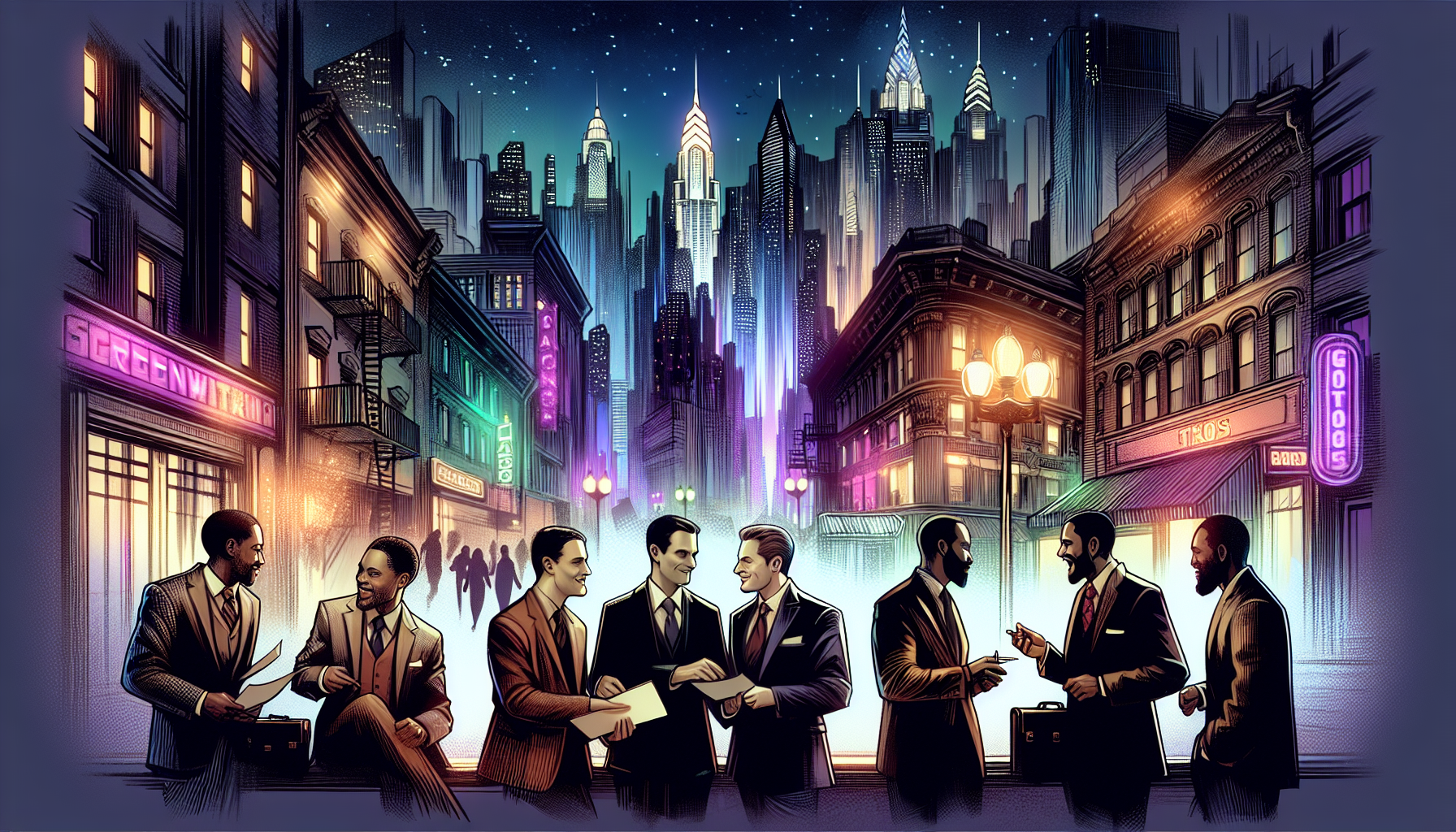 Dramatic night-time skyline of a bustling city, with illuminated skyscrapers and neon signs. In the foreground, a group of diverse, sharply-dressed screenwriters engaged in a lively conversation, exchanging scripts and business cards. The scene integrates elements of networking and enterprise, symbolizing the screenwriting industry. Subtle Gotham-themed imagery, such as iconic architectural designs and a slightly noir atmosphere, envelops the setting, depicting success stories and connections made through Gotham screenwriting methods.
