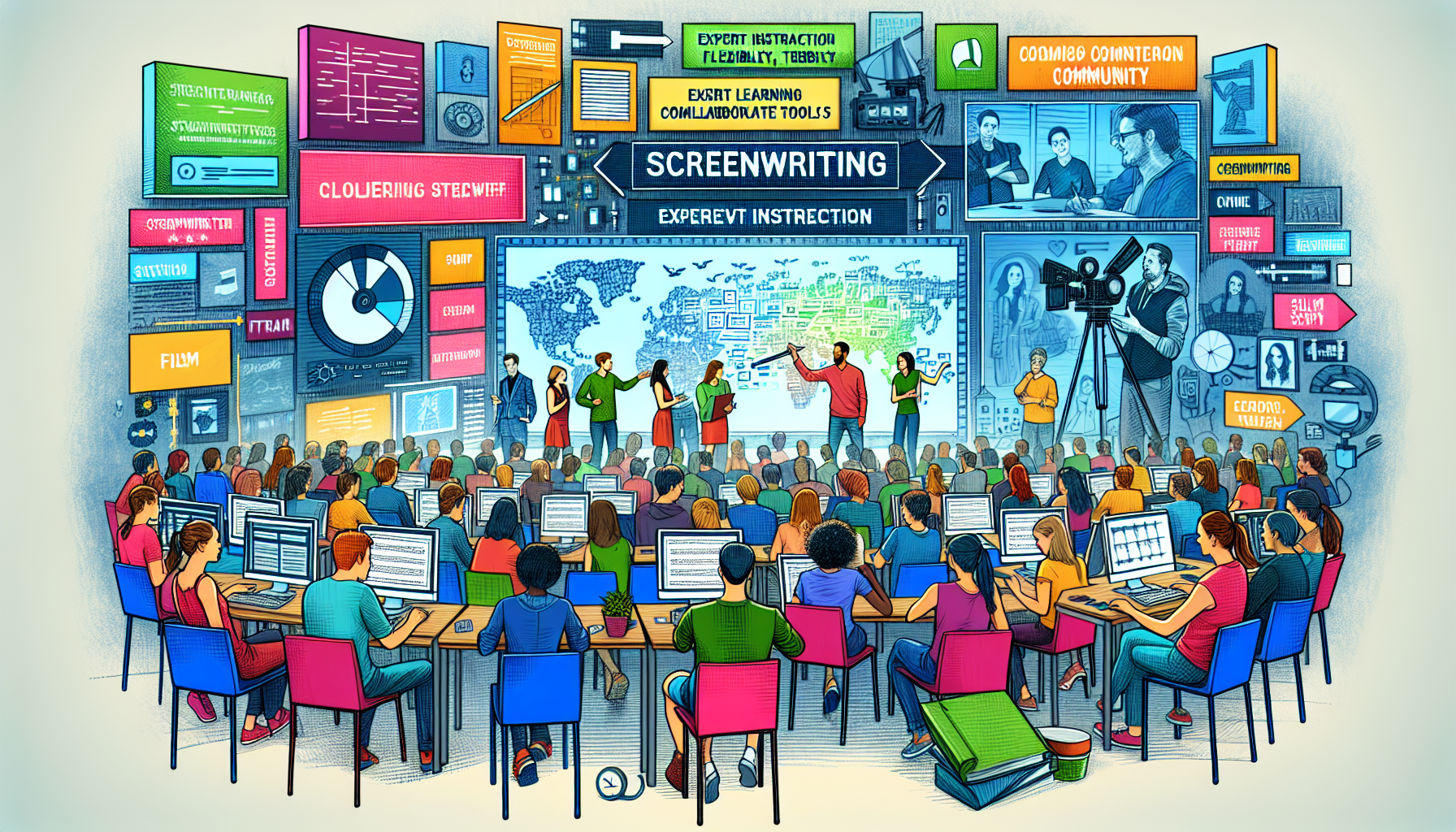 Create an image that highlights the key features and benefits of Skillshare screenwriting classes. The image should include a vibrant, dynamic classroom or online learning setting with diverse students actively engaging with their instructors on screenwriting. Incorporate visual elements like film scripts, storyboards, and collaborative tools, emphasizing expert instructors, flexibility, and community support. The atmosphere should reflect creativity and inspiration, underscoring how these courses can elevate an aspiring screenwriter