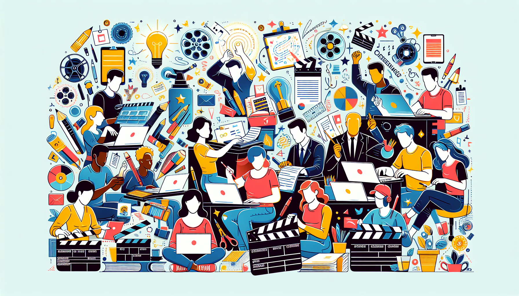 Create an image that showcases a montage of several screenwriters working on their scripts in different settings, with overlays of snippets from their testimonials. Each screenwriter is immersed in the creative process, surrounded by film-related objects like clapperboards, storyboard sketches, and laptops with Skillshare website open. The testimonials should highlight the success they