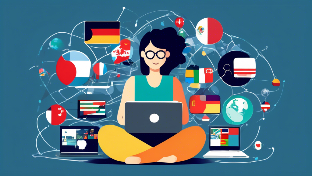 Create an image depicting a person comfortably sitting at home, surrounded by digital devices such as a laptop, tablet, and smartphone. The person is cheerful, with digital icons representing different content types (like streaming services, news websites, and social media) floating nearby. A globe in the background displays numerous country flags connected by lines, symbolizing access to geo-restricted content. The image should convey the message of affordable access to restricted content through the use of a budget-friendly VPN.