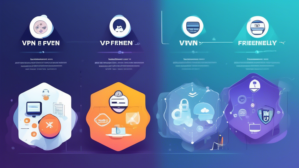 Create an image that visually captures the essence of the segment discussing budget-friendly VPN options. Feature a comparison chart with illustrations of various VPN brands and their icons, depicting key attributes such as cost, speed, security features, and customer ratings. The background should be a digital, tech-inspired design with elements like server icons, padlocks, and network grids to emphasize cybersecurity. Highlight user reviews with speech bubbles or rating stars to signify user feedback. Keywords: Affordable VPN comparison, budget-friendly online security, user-rated VPN services.
