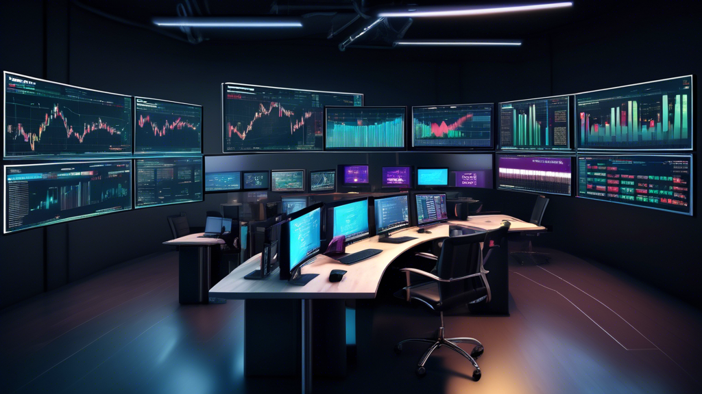A highly sophisticated trading terminal of a crypto trading platform displayed on multiple screens, showcasing an array of advanced charting tools, indicators, and automated trading bots. One screen features real-time market analysis with live data feeds and analytics, while another displays a selection of educational resources like tutorials, webinars, and articles. The setting should convey a high-tech, professional atmosphere, with a focus on the range of trading and analysis tools available to users.