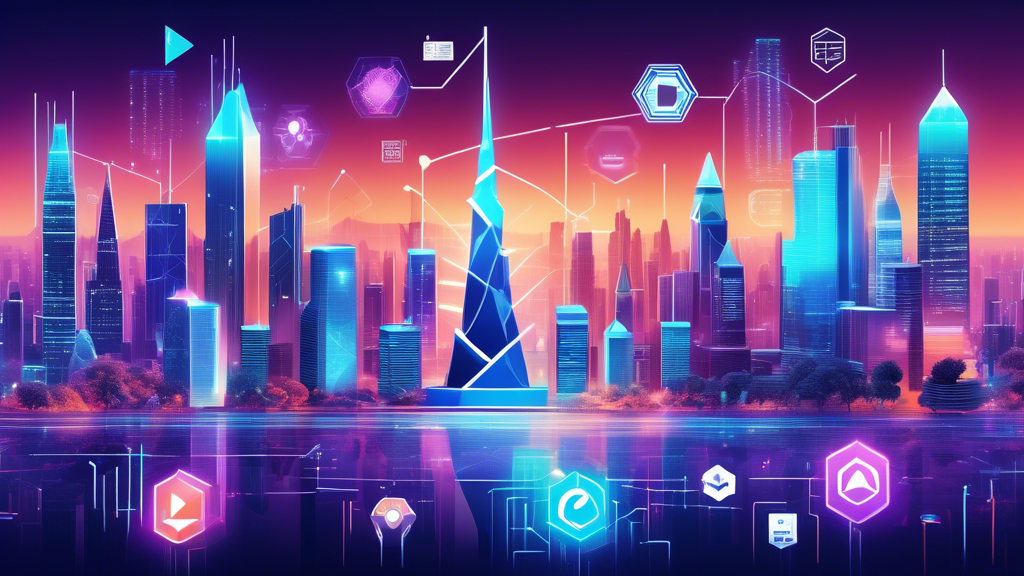 Create an image featuring a futuristic cityscape where various digital icons and symbols represent the transformative impact of Aleph Finance on the crypto landscape. Show real-world applications by illustrating diverse people engaging in seamless transactions, businesses thriving, and investors analyzing data with satisfaction. Include visual elements like holographic charts and interfaces, blending seamlessly into the environment to depict user and investor responses. Highlight the theme of innovation and positive change in the market.