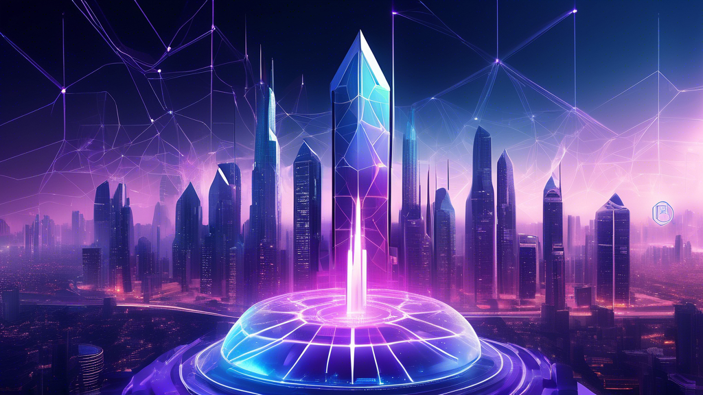 Create an image depicting the future prospects of Aleph Finance in the crypto ecosystem. Show an ultra-modern, futuristic cityscape with advanced digital infrastructures and holographic interfaces. In the center, highlight a towering building with the Aleph Finance logo, symbolizing its central role in the future crypto landscape. Include visual elements representing upcoming technological advancements and secure blockchain networks. The atmosphere should be vibrant and optimistic, reflecting Aleph Finance’s long-term vision and potential contributions to the industry. Keywords to incorporate: aleph finance crypto, futuristic.