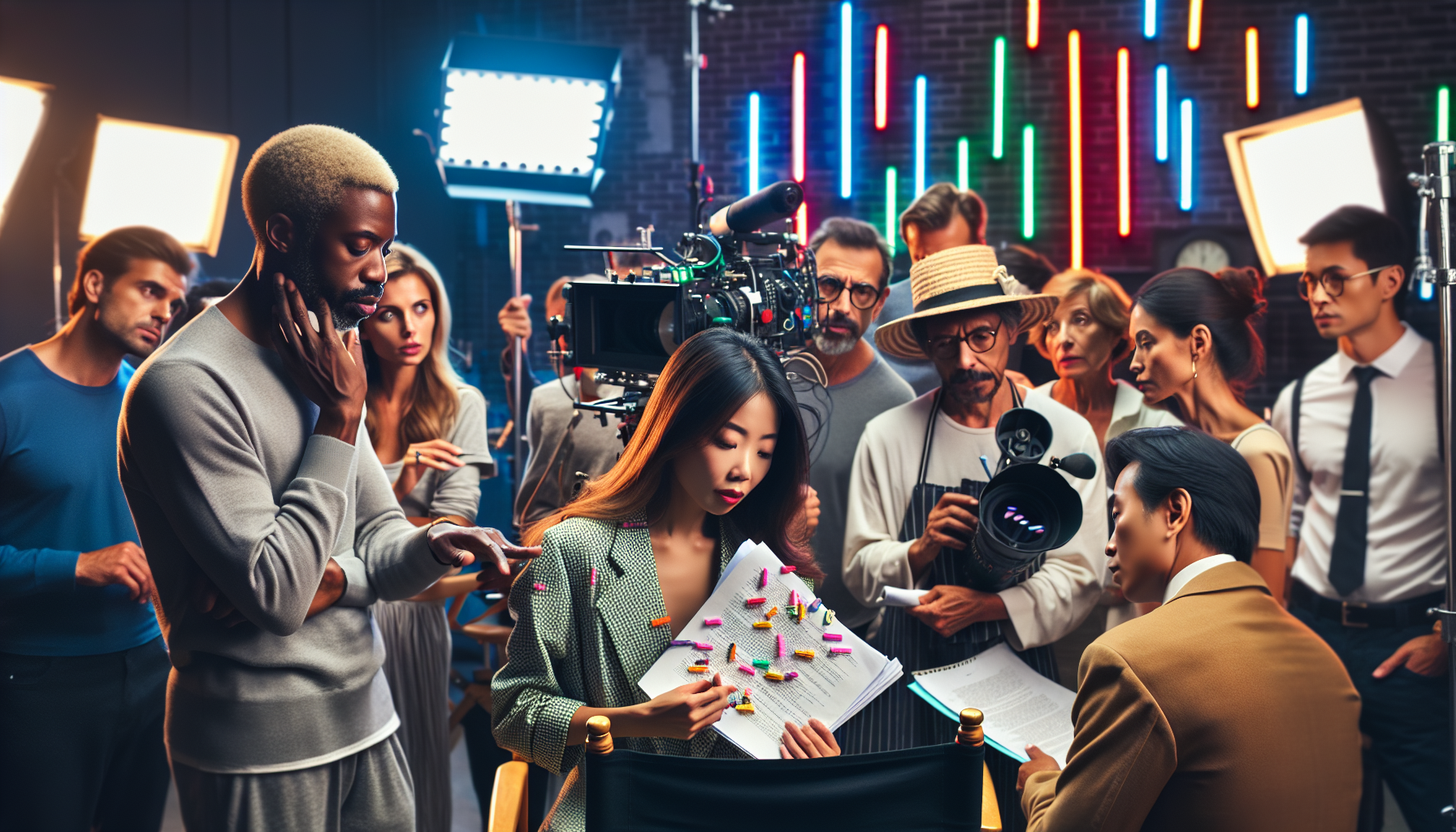 Create an image of a bustling film production set where a script doctor is at work. The scene should include the script doctor holding a marked-up script, deep in discussion with the director and screenwriter. Nearby, actors wait in costume, and a producer looks on with a thoughtful expression. Surround the group with typical set elements like cameras, lights, and boom microphones to capture the collaborative essence of improving narrative structure and character development in film production. Highlight a sense of urgency and creativity in the atmosphere.