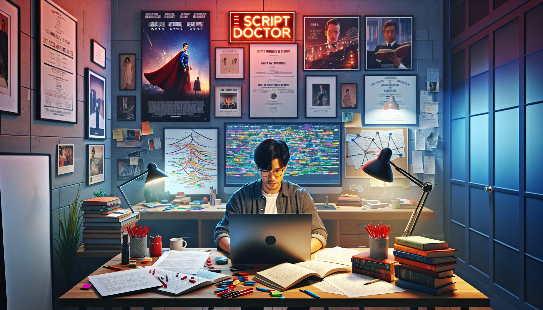 Create an image that features an aspiring script doctor in a cozy, well-organized home office. The room should have a large desk cluttered with script pages, red pens, and reference books on screenwriting. On the walls, display inspirational posters of classic films and a framed diploma in film studies. The script doctor, a focused individual, sits in front of a computer screen filled with script annotations, and beside them, a bulletin board displays a roadmap of their career goals and milestones. This scene captures the essential skills, dedication, and pathways to becoming a successful script doctor in Hollywood.