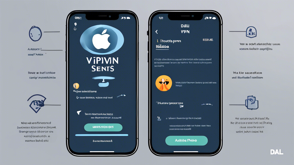 DALL-E prompt: An illustrated step-by-step guide demonstrating how to configure and use a VPN on an iPhone. Include visuals of an iPhone screen showing the installation process, settings configuration, and tips for optimal use. The style should be clear, modern, and easy to understand, with annotations or icons to highlight important steps. The background should be simple, ensuring focus remains on the iPhone and the configuration process.