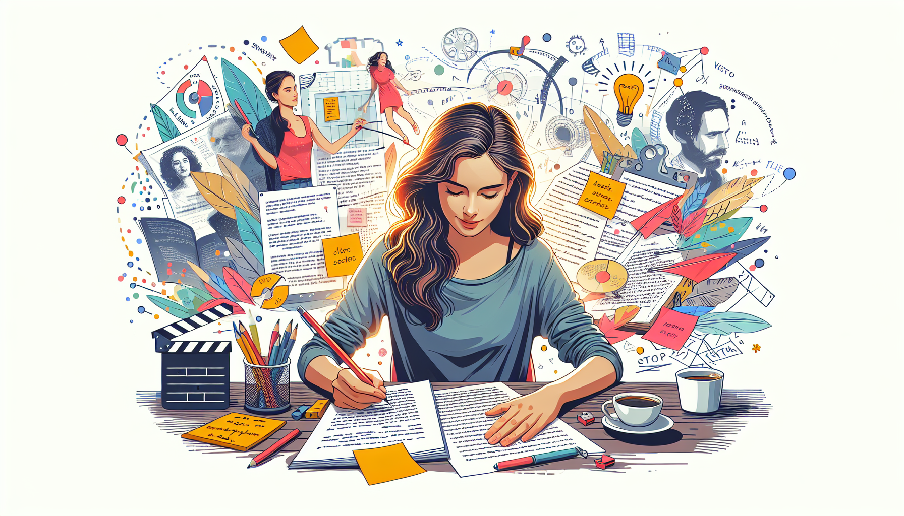 Prompt for DALL-E: 

Create an image that illustrates the practical steps of mastering screenwriting for beginners and students. Depict a young writer at a desk crafting a screenplay, with elements like a storyboard, character sketches, and dialogue notes scattered around. Include visual representations of storytelling techniques, such as a plot graph, and an outline of a script in the background. The atmosphere should be one of creativity and focus, highlighting the developmental journey from concept to outline.