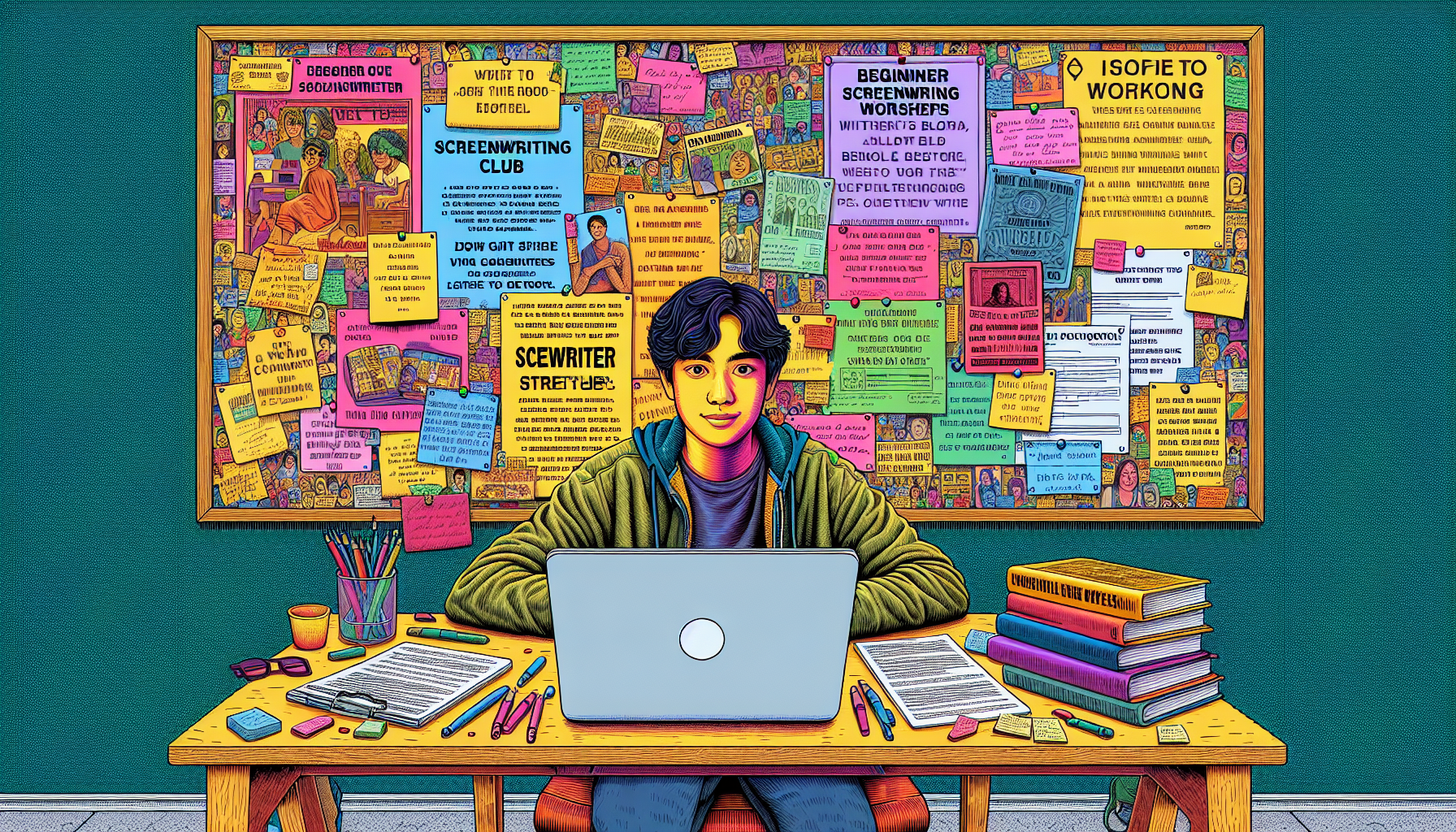 An image of a young, aspiring screenwriter sitting at a desk with a laptop, surrounded by screenwriting books, notes, and software icons like Final Draft and Celtx on the screen. In the background, a bulletin board is filled with course flyers, workshop notices, and community club information, emphasizing resources and tips for beginners. The atmosphere is creative and motivational, with an inspiring quote about writing displayed on the wall.