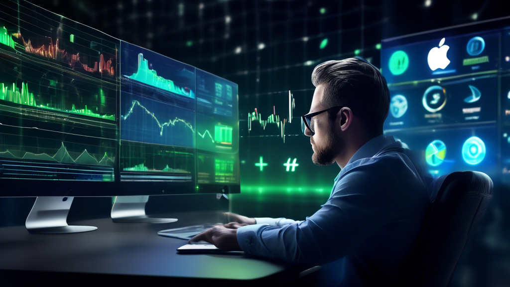 Create an image that reflects the considerations investors should have when Apple Finance ventures into the cryptocurrency market. In the foreground, visualize a confident investor analyzing a dynamic graph filled with cryptocurrency symbols and a prominent Apple logo. In the background, include elements like fluctuating stock charts, digital wallets, and futuristic financial technology symbols. Use a sleek, modern design with a balance of blue and green hues to represent both finance and technology.