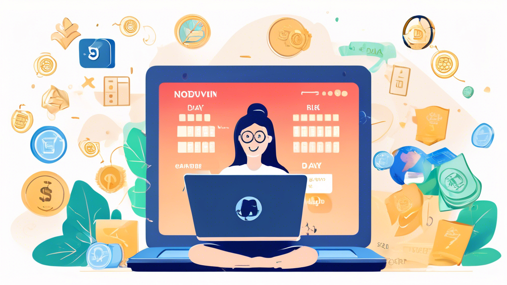 An illustration of a person happily using a laptop with a VPN interface on the screen, surrounded by symbols of money-back guarantees and a calendar displaying 30 days. The background shows a secure internet connection, highlighting the concept of utilizing NordVPN’s risk-free 30-day money-back guarantee. Include subtle NordVPN branding elements for authenticity.