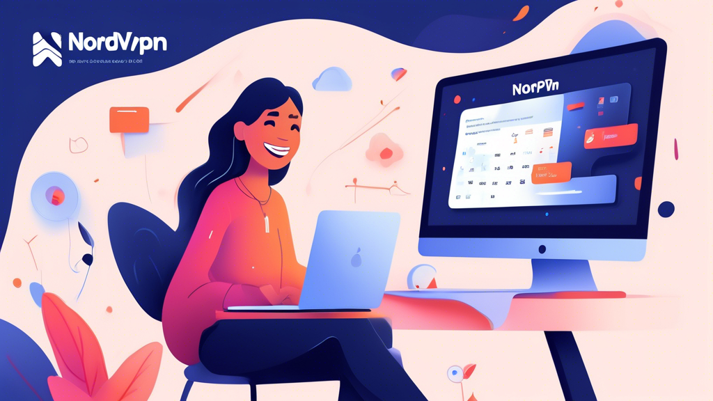 Create an image of a cheerful person sitting at a computer, displaying a NordVPN interface on the screen. Surround them with graphical elements such as discount tags, coupons, and promotional banners. Include a calendar page showing special promotional days and a pop-up highlighting referral rewards. The scene should be vibrant and engaging, emphasizing the various ways to avail NordVPN for free through special deals and promotions.