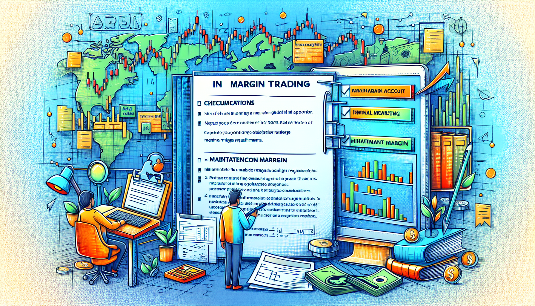 An illustration showing the steps to start buying stocks on margin: A person opening a margin account with their broker, a checklist of requirements and regulations for margin trading, and a calculation sheet showing initial and maintenance margin requirements. The background features financial charts and documents to emphasize the trading environment.