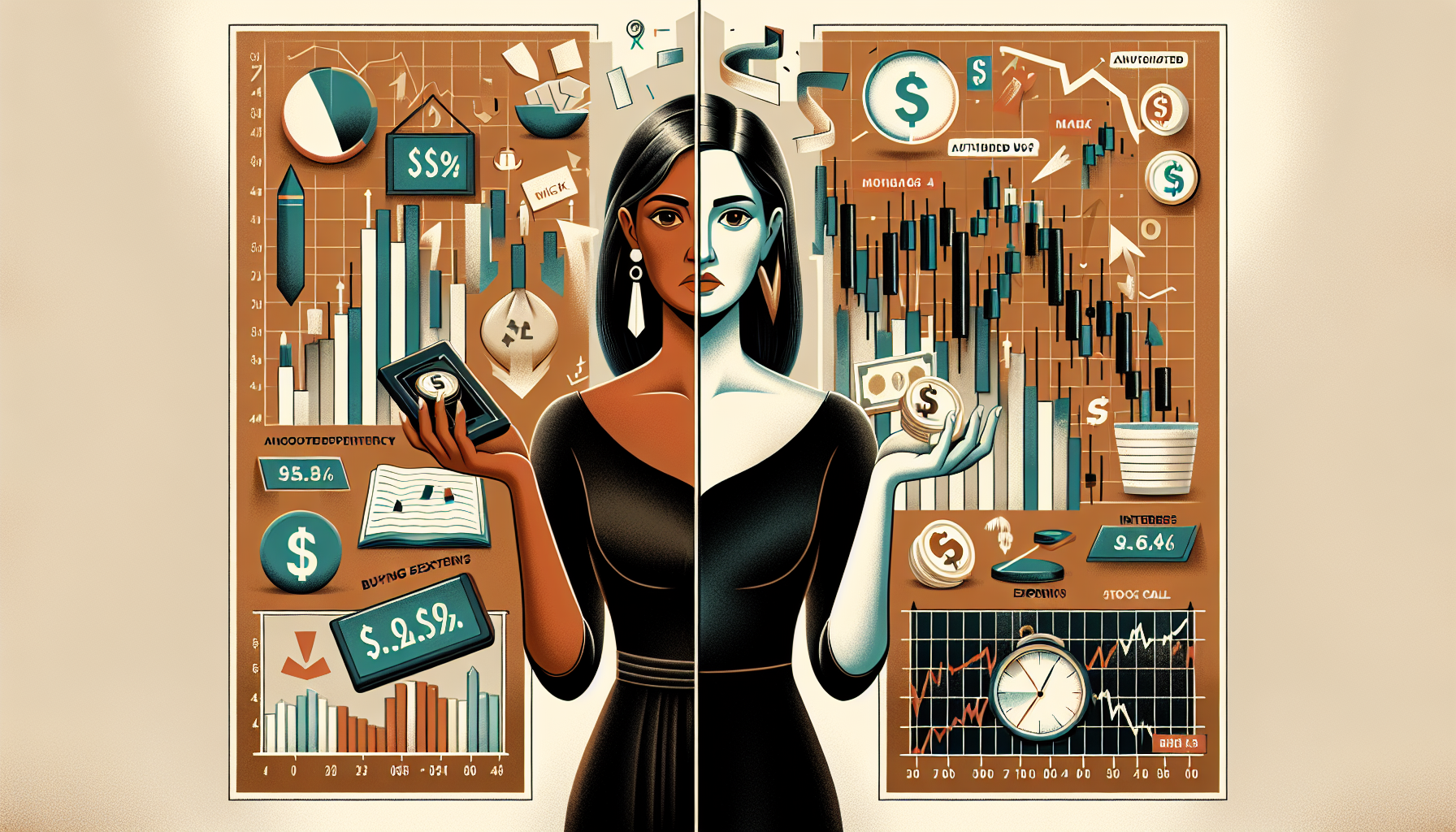 Create an image that visually represents the pros and cons of buying stocks on margin. On one side of the image, depict the benefits: a figure confidently analyzing growth charts with symbols of money, leverage (such as a balanced scale suggesting increased purchasing power), and diversified stock portfolios. On the other side, illustrate the risks: a figure visibly stressed, surrounded by falling stock graphs, margin call notifications, and dollar signs symbolizing interest costs and potential losses. The background should include subtle financial symbols to tie the entire concept together.