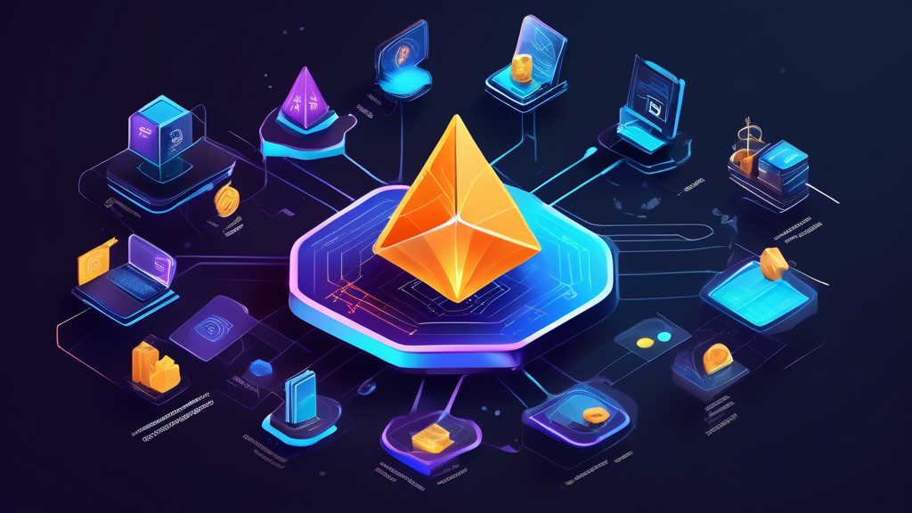 Create an image that visually represents the features and benefits of Ark Finance Crypto. The image should highlight aspects of decentralization and security, showing a blockchain network with secure nodes and locks. Include elements like user-friendly interfaces on various devices (smartphones, tablets, and computers) to illustrate accessibility. Additionally, portray symbols or icons that indicate unique selling points, such as speed, innovation, and reliability, within the crypto space. Use a clean, modern aesthetic with bright colors to convey the innovative nature of Ark Finance Crypto.