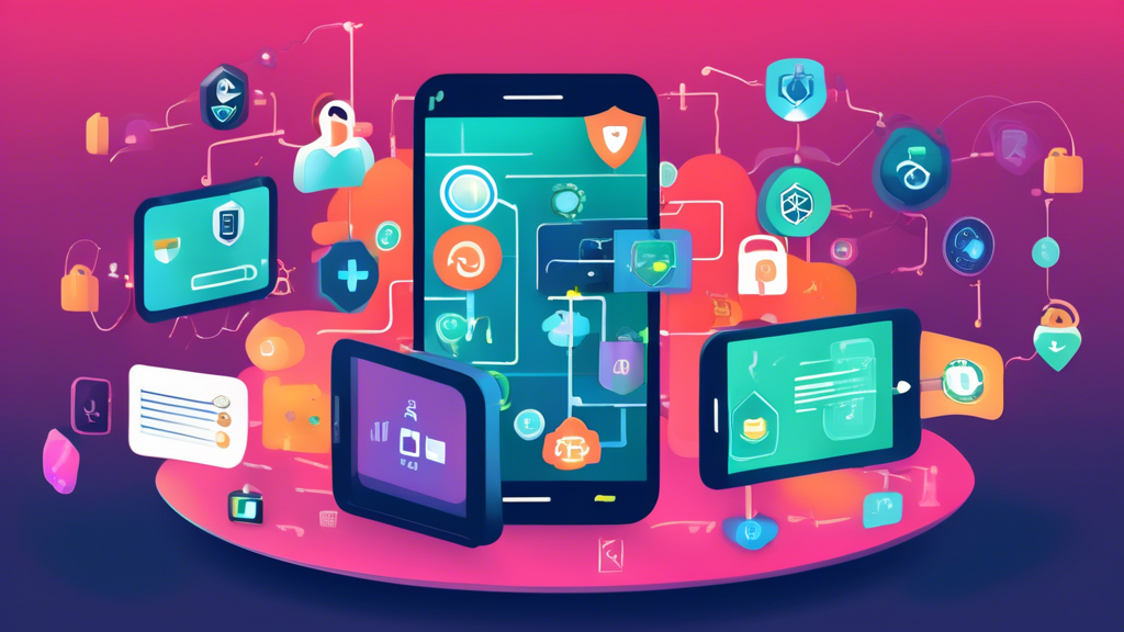 An illustration of a smartphone displaying an Android interface, surrounded by icons representing key VPN features like encryption, a no-logs policy, protocol support, speed, reliability, server locations, and customer support. The background is a blend of cybersecurity elements such as shields, locks, and network connections, symbolizing the comprehensive criteria for selecting the best free VPN for Android.