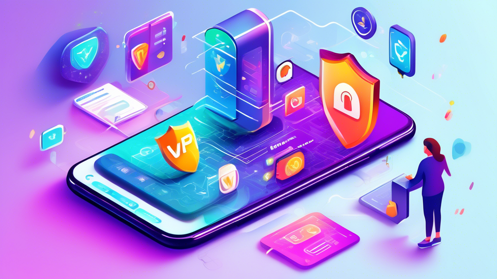 Create a detailed digital illustration showcasing a modern Android smartphone displaying a vibrant VPN app interface. The screen should show key details of top free VPN recommendations, each with star ratings, pros and cons, and expert reviews neatly listed. Surround the smartphone with elements representing security, such as shields, lock icons, and encrypted data flowing around. The setting should be futuristic and tech-savvy, emphasizing the cutting-edge nature of these VPN options in 2023. Make sure the text is legible, and the design is visually appealing and informative. Keywords: best free VPN for Android, 2023, technology, cybersecurity.