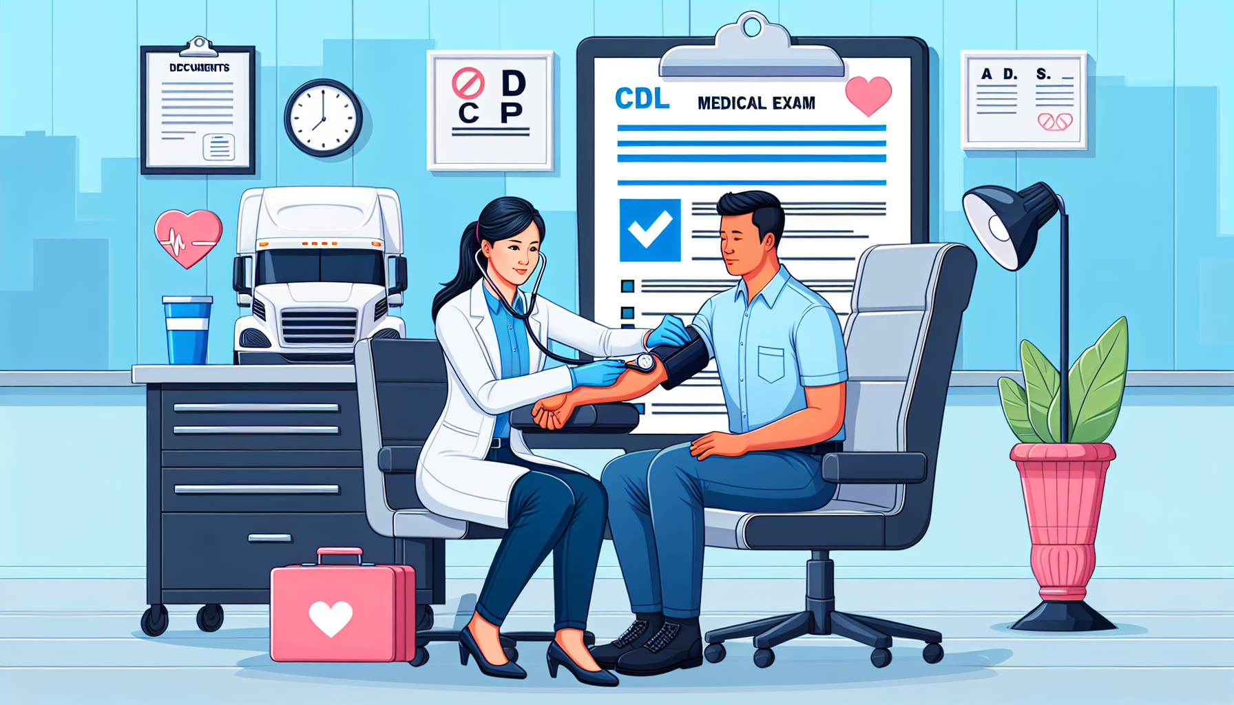 An illustration of a medical professional conducting a CDL Medical Exam on a truck driver in a clinic setting, showing various health assessment activities such as blood pressure measurement and vision testing, with a visible checklist of required documents and preparation tips for the exam.