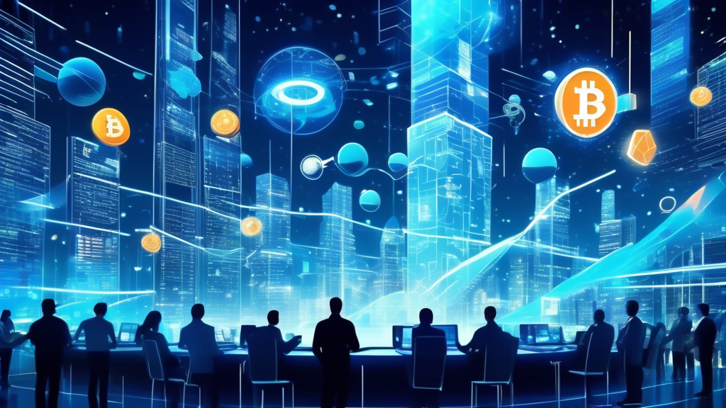 Create a futuristic digital art scene showcasing a bustling interstellar financial hub with floating cryptocurrency symbols, space-themed trading interfaces, and advanced technology. Highlight market trend graphs projecting holographically into space, and depict a diverse group of traders analyzing data, discussing potential challenges and strategies for sustainable growth in the astro finance crypto market.